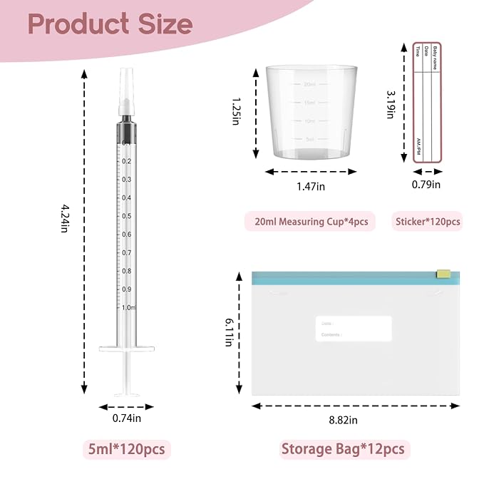 120 Sets 1ml Colostrum Collector Kit Include No Needle Colostrum Syringes with Caps 1mlx120, Stickerx120, 20ml Measuring Cupx4, Ziplock Storage Bagx12 for Breastmilk Collector