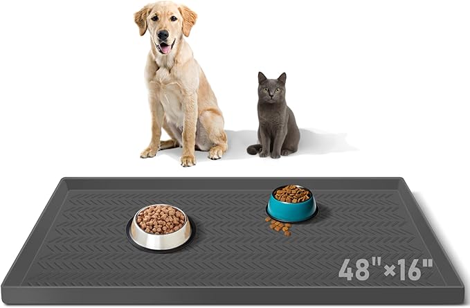 Kalolary Silicone Dog Feeding Mat, 48”x 16” Waterproof Pet Feeding Mat with High Raised Edge Avoid Spill Out, Nonslip Dog Bowl Placemats Cat Feeding Mats for Floors Easy to Clean, Grey