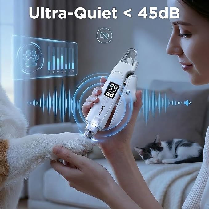 2-in-1 Dog & Cat Nail Clipper and Grinder with LED Light, Low-Noise Electric Pet Nail Trimmer, Safety Lock & Nail Catcher, USB-C Rechargeable, 3 Grinding Ports for Cats & Small to Medium Dogs