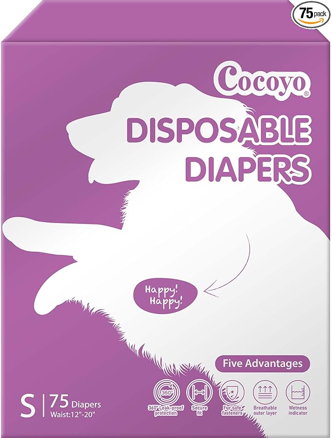 COCOYO Disposable Female Dog Diapers Small Size, 75 Count, Super Absorbent, Breathable, Wetness Indicator