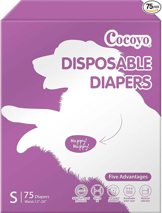 COCOYO Disposable Female Dog Diapers Small Size, 75 Count, Super Absorbent, Breathable, Wetness Indicator