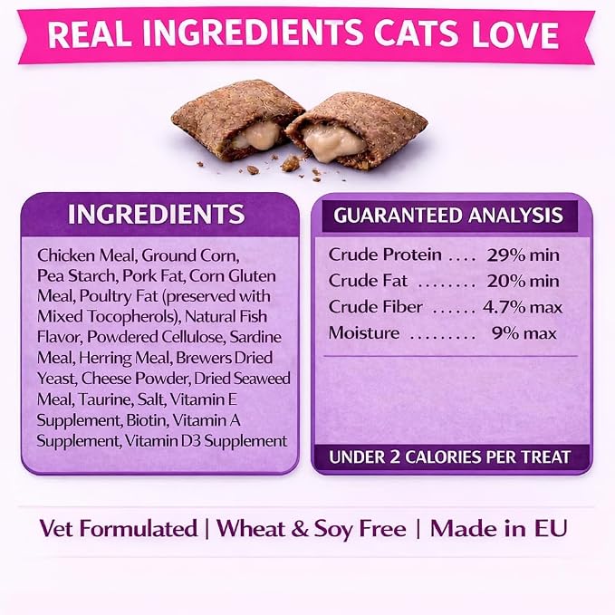 Calming Cat Treats for Indoor Cats – Crunchy Pillow Bites Gooey Center – Beef Low Calorie Kitty Treats – Cat Snacks Food Topper Wheat Soy Free Healthy Dental – 3oz (Packaging May Vary)