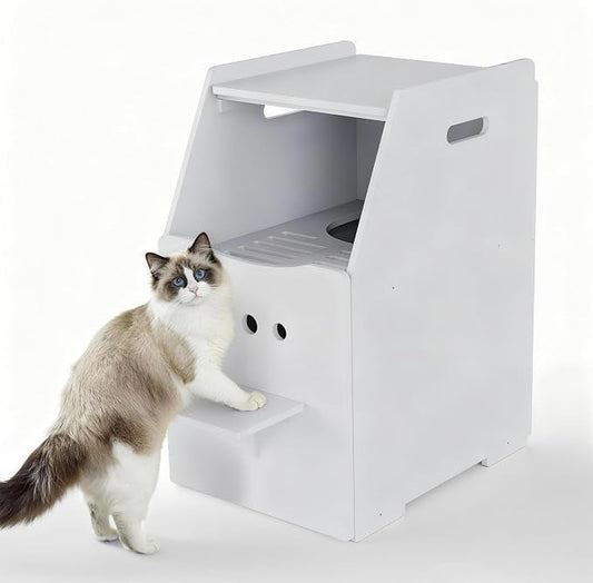 Cat Litter Box Enclosure Furniture, Wooden Top Entry Design & Litter Filter Baffle, Fully Enclosed Bottom Door Hidden Cat Washroom, Fits Large Litter Boxes for Living Room/Bedroom/Entryway, White
