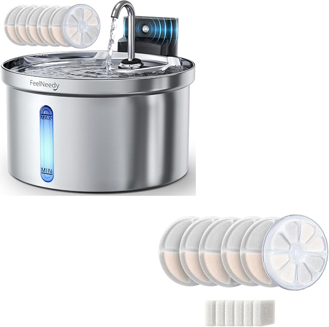 Wireless Stainless Steel Cat Water Fountain, 3.5L Pet Water Fountain for Cats/Dogs with 6 Pack Filter+6 Park Pump Filter Sponges Replacement
