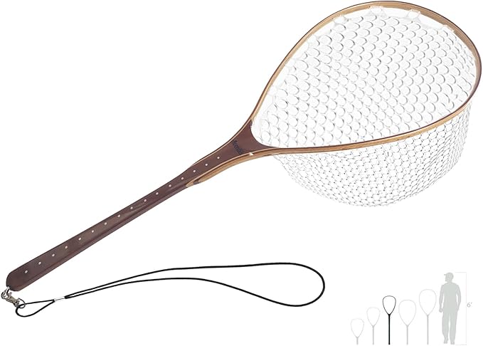 Riverruns Fly Fishing Net Landing Net Wooden Net Soft Rubber Mesh Trout Net Freshwater Saltwater Fishing Net with Safety Cord Net Gifts for Father Men