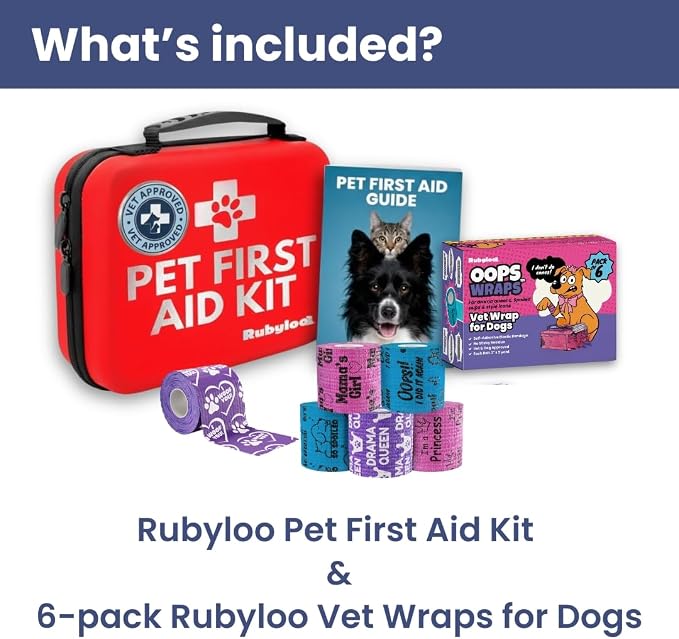 Rubyloo Vet Approved Essential Pet First Aid Kit Supplies to Treat Dogs & Cats in an Emergency with Girl’s 6 Pack of 2 Funny Vet Wrap Bandages for Home, Camping, Car, RV