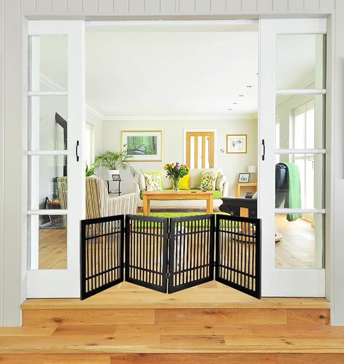 Urnporium Pet Dog Gate Freestanding, Strong Durable Folding Wooden Fence, Portable Acacia Hardwood Safety Barrier for Indoor & Outdoor Use (Black Pet Gate, 4 Panel 24" Tall)