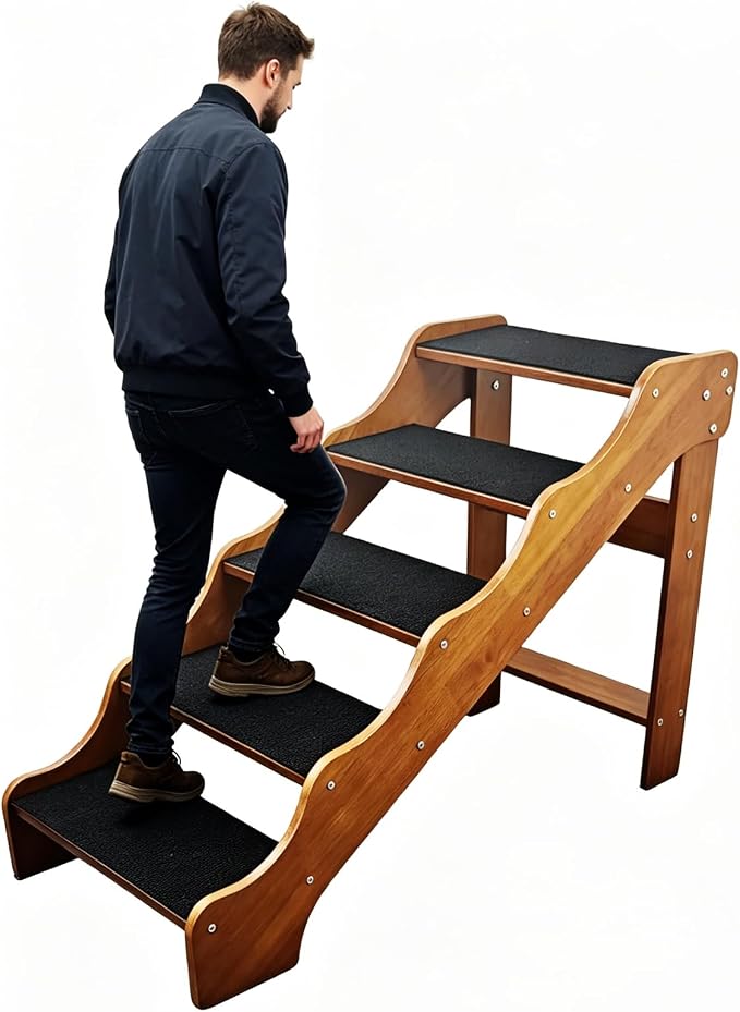 Solid Wood pet Staircase Walnut Paint, Dog Ladder, Suitable for high beds, Sofas, and Cars, with a Weight Capacity of 500 pounds, Anti Slip Staircase, Suitable for Large Pets (Walnut 5 Steps)