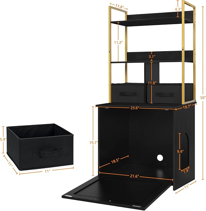 Dwanton Litter Box Enclosure with 2 Storage Shelves and 2 Drawers, 2-in-1 Hidden Cat Litter Box Enclosure Furniture with Shelf, Reversible Entrance, Washable Drawers, 50-Inch, Black+Gold