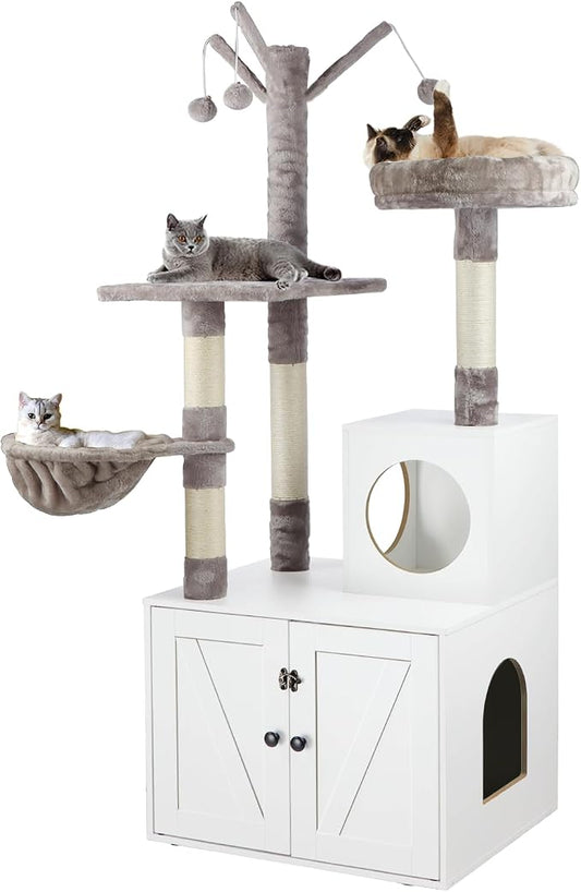 Timberer Litter Box Enclosure with Cat Tree, 2-in-1 Hidden Litter Box Furniture with Scratching Post, Modern Cat Condo, White