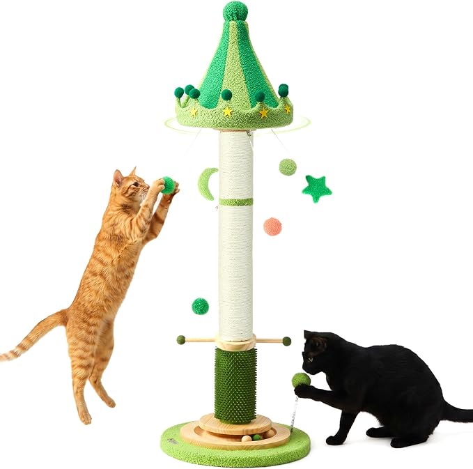 51'' Tall Cat Scratching Post,Luxury Carousel Shape Extra Thick Sisal Scratching Post for Indoor Cats Adults,Stable Stylish Cat Scratcher Tree with Interactive Wood Ball 2*Peppermint Toys for Large