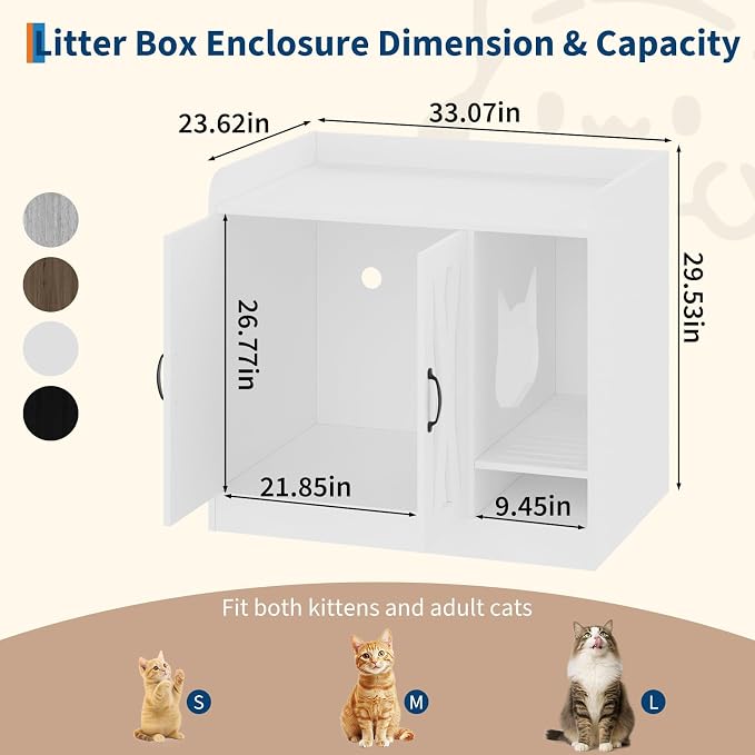 Cat Litter Box Enclosure,Hidden Litter Box Furniture with Divider,Indoor Cat House,Wooden Cat Washroom Storage Cabinet Bench, Side End Table Nightstand, 33.07" L × 23.62" W × 23.92" H,White