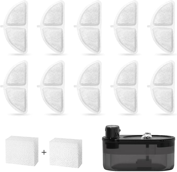 10-Pack Replacement Filters + 2 Pre-Filter Sponges for subteenmate 3L Wireless Cat Water Fountain – Triple-Layer Activated Carbon Filtration, 5-Month Supply