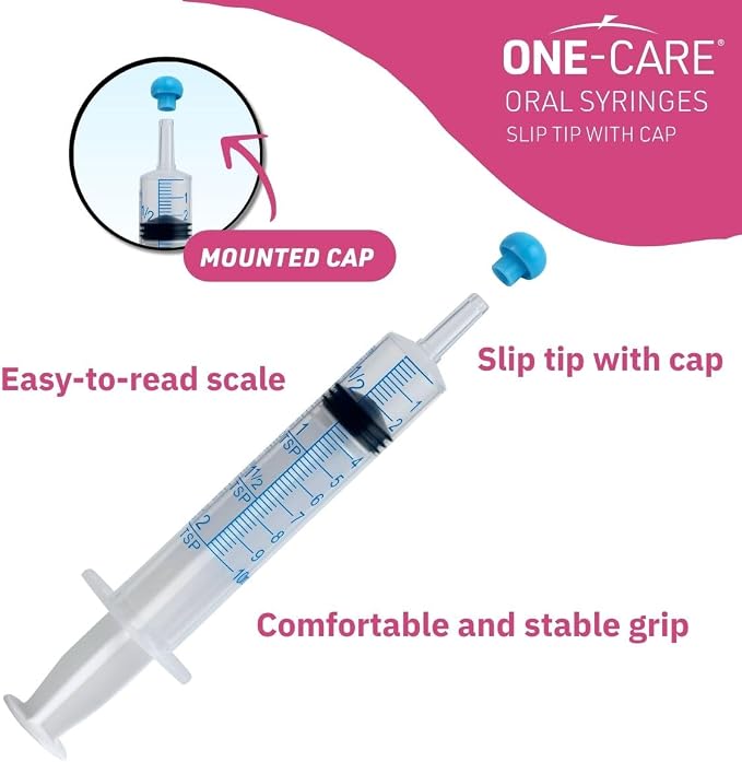 100 Pack, ONE-CARE 10ml Oral Syringe with Cap - Sterile, Individually Wrapped - (100 Syringes 10ml), Slip Tip, Uses include oral administration of medicine for infants, adults and animals