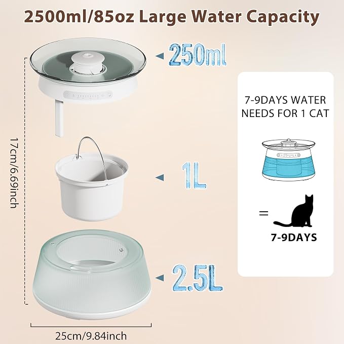 Glass Smart Cat Water Fountain, Cordless Filterless Cat Drinking Fountain No Filter Needed, Ultra Silent Wireless Pet Water Dispenser Bowl Indoor