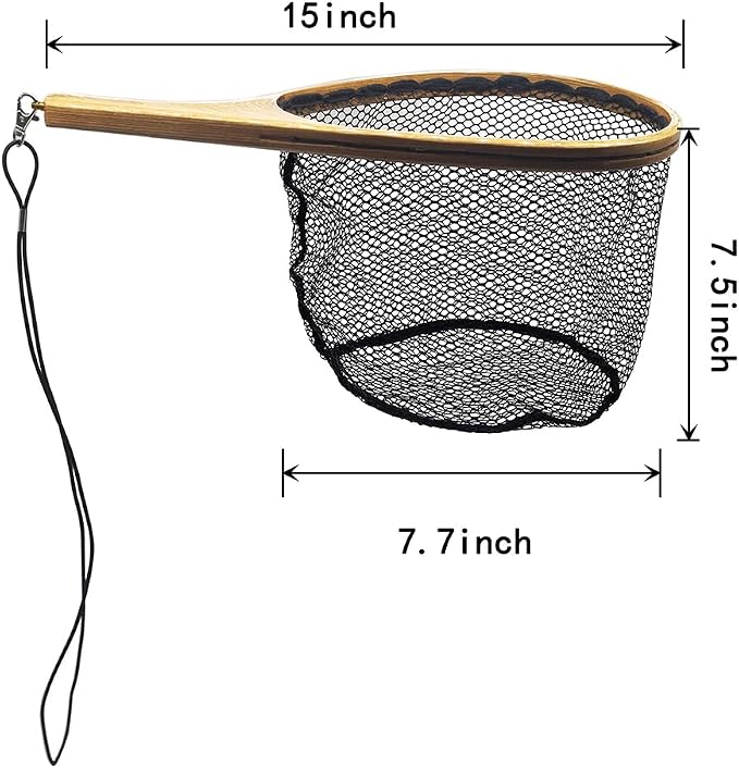 Small Wooden Frame Fly Fishing Landing Net With Soft Rubber Mesh for Trout Bass Catch and Release - Fishing Gear