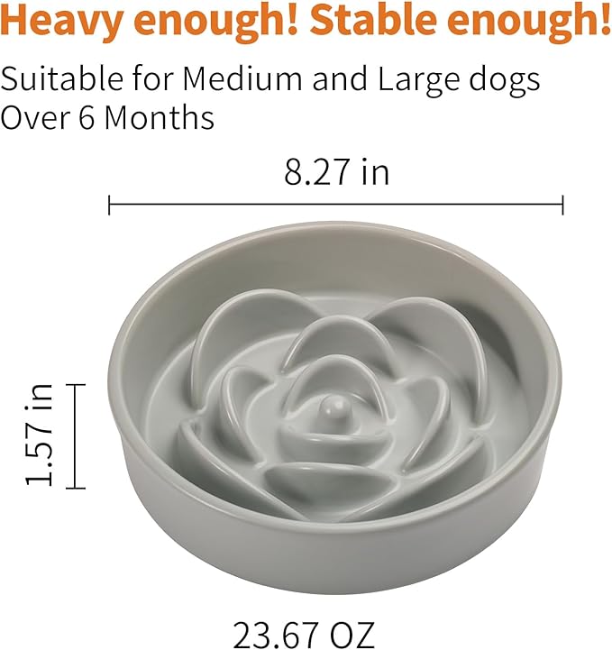 Grey Ceramic Dog Bowl Slow Feeder for Medium and Large Breed,1.5 Cup 8.26 in Slow Feeding Bowl,Puzzle Dog Food Bowl for Fast Eater,Maze Dish for Fast Eater