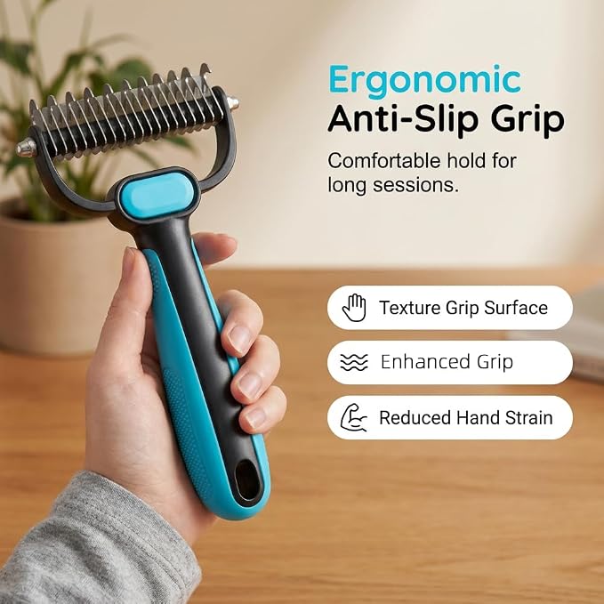 Double-Sided Pet Grooming Rake, Extra Wide Deshedding Tool for Long Hair Dogs & Cats, 2-in-1 Undercoat Rake with Stainless Steel Teeth, Pet Comb for Loose Hair (Small)
