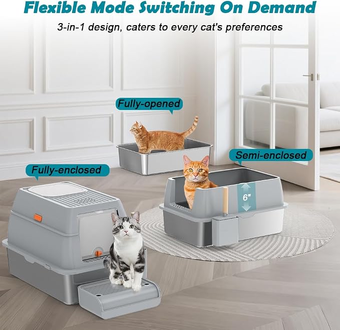 SZEE XL Stainless Steel Litter Box with Lid, Extra Large Metal Covered Litter Box, Stainless Box Easy Clean, Activated Charcoal Odor Control Design, Includes Litter Scoop & Mat & Step, Grey
