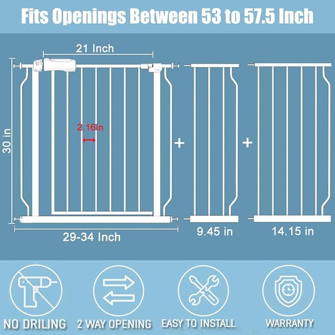White Extra Wide Baby Gate 53-57.5 inch for Doorways Stairs Pressure Mount Baby Gate Automatic Close Child Dog Pet Safety Toddler Gates with Extensions
