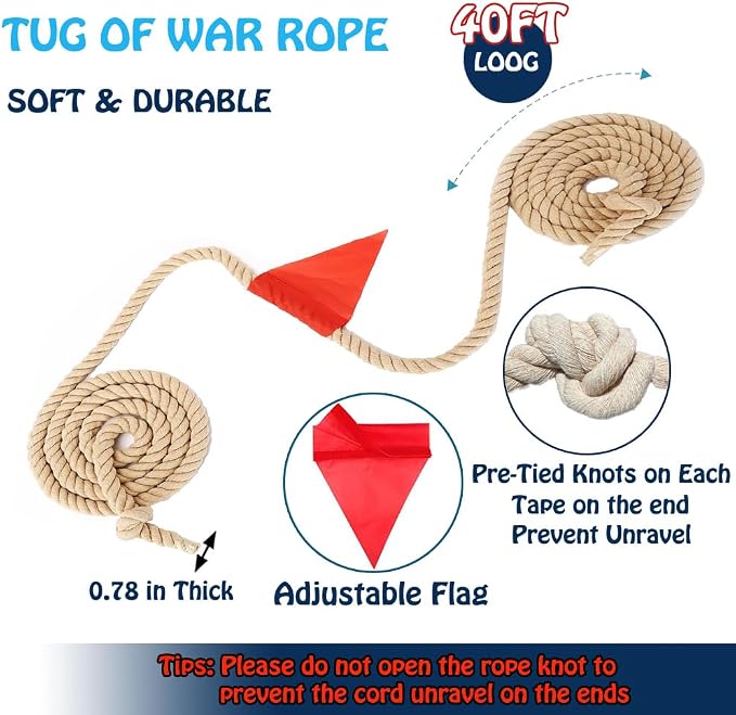 40 Feet Tug of War Rope for Kids and Adults, Outdoor Games Summer Outdoors Yard Backyard Camping Lawn for Field Day Family Reunion Birthday Party Team Building Activities Carnival Games-Beige