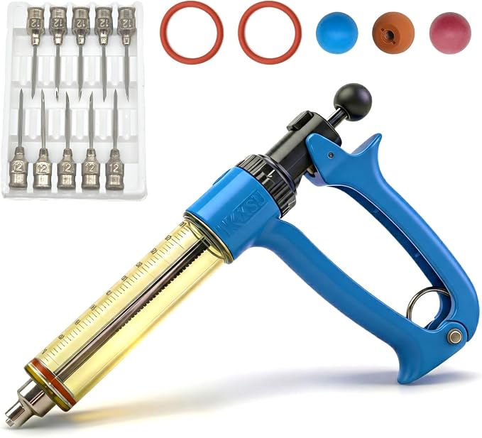 50mL Semi Automatic Livestock Syringe Adjustable Dosage Repeater Injector (1-5mL) with Luer Lock Tip for Cattle, Sheep, Goats & Pigs Continuous Injection Gun for Farm Herd, Blue