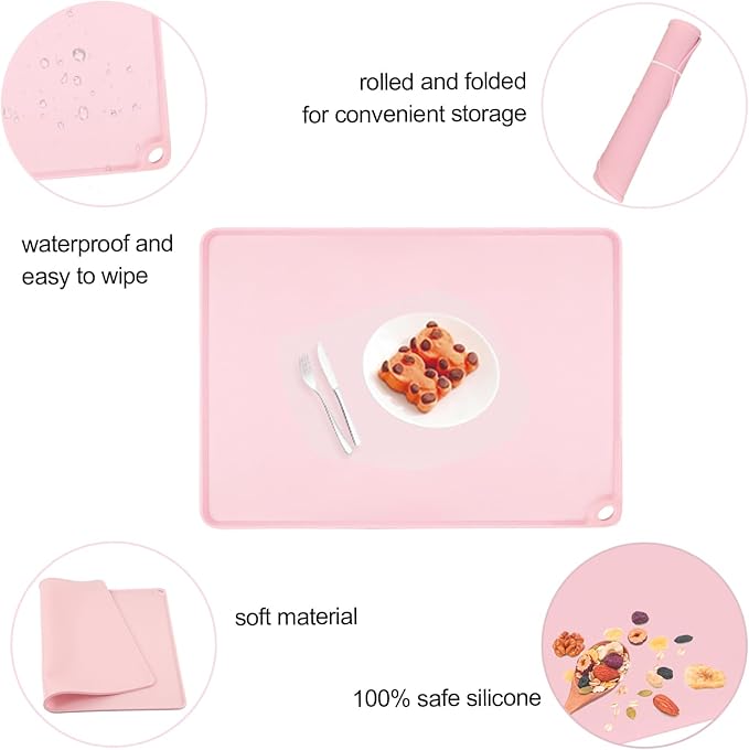 Kids Silicone Cloud Shape Non Slip Placemat for Baby Toddlers - Portable Food Mat, BPA Free Reusable for Travel and High Chairs - Easy to Clean and Roll Up (Pink)