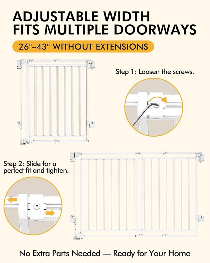 Extra Wide Baby Gate for Doorways 29" Tall Safety Gate for Kids&Pets,Pressure Mounted with Auto Close,Walk-Thru Metal Gate,Adjustable Width 26.4"-43",Indoor Pet Gate for Stairs & Hallways White