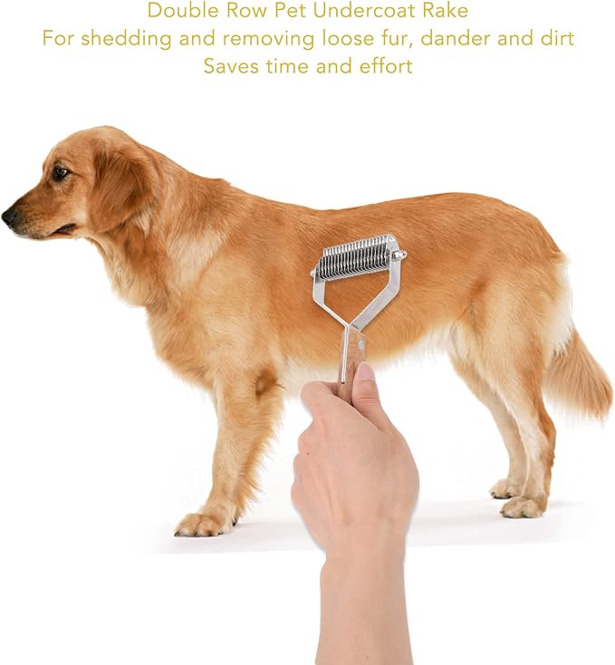 Pet Undercoat Rake for Dogs and Cats, Double Row Wood Handle Brush, Removes Loose Hair and Knots, Safe and Gentle Grooming Tool, Promotes Skin and Shiny Coat