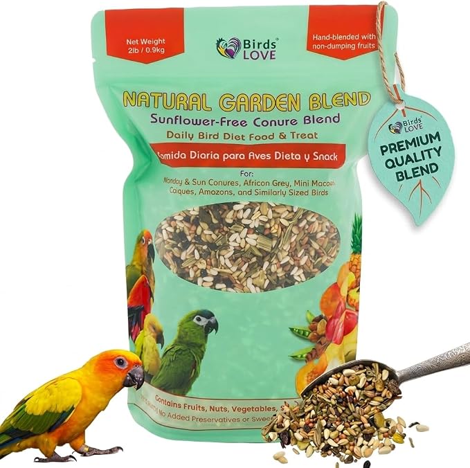 Birds LOVE Natural Garden Blend Conure Food, Sunflower Free Bird Seed Mix with Fruits, Nuts, Vegetables and Seeds, All Natural Daily Diet and Treat, 2 lb