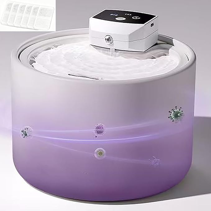 Cordless Ceramic Cat Water Fountain: 101.45oz/3L with 7 Filters with 5000mAh Battery Automatic Super Silent Intelligent Sensor Pet Drinking Dispenser Dog Water Bowl Dispenser (White UVC)