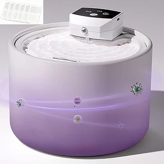 Cordless Ceramic Cat Water Fountain: 101.45oz/3L with 7 Filters with 5000mAh Battery Automatic Super Silent Intelligent Sensor Pet Drinking Dispenser Dog Water Bowl Dispenser (White UVC)