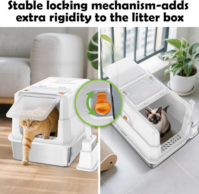 SZEE Stainless Steel Cat Litter Box with 180°Flip-Top Lid, Easy Clean XL Enclosed Litter Box, Large Covered Steel Cat Box with Scoop, Odor Control and Anti-Urine Leakage, 23.2 * 15 * 15 Inch, White
