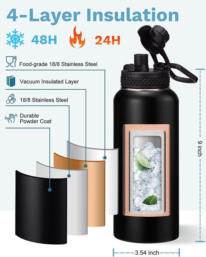 BENZZO Insulated Water Bottle 32/40/64 oz Keep Cold-48h Hot-24h, Water Bottles with Straw & Spout Lids, Carrier Pouch & Paracord Handle, Sports Workout Water Bottle Jug for Men Women
