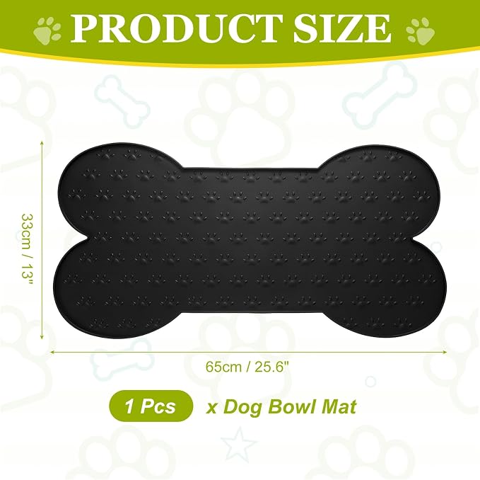 Dog Food Mat, 26x13 Inch Silicone Pet Feeding Mat Non-Slip Bone Shaped Waterproof Dog Water Bowl Tray Raised Edge Protects Floors (Black), Intended for Pets Bowl/Fountain