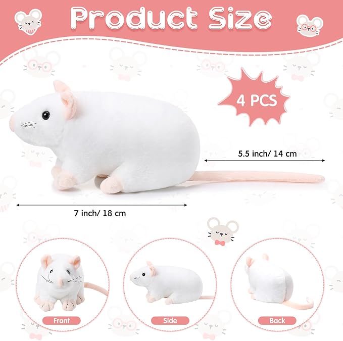Kasyat 4 Pcs Fake Rat Stuffed Animals 7 Inch Fake Mouse Plush Toys Soft Cuddly Stuffed Mouse Realistic Rat Plushies for Birthday Prank Props April Fools Tricks(White)