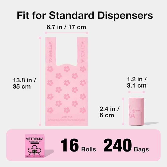 VETRESKA Dog Poop Bags with Handles 240 Count, Floral Scented Waste Bags, Leak-Proof Thick Dog Bags for Poop, Easy-Tie Large Poop Bags, 16 Refill Rolls for Dog Walking Cat Litter