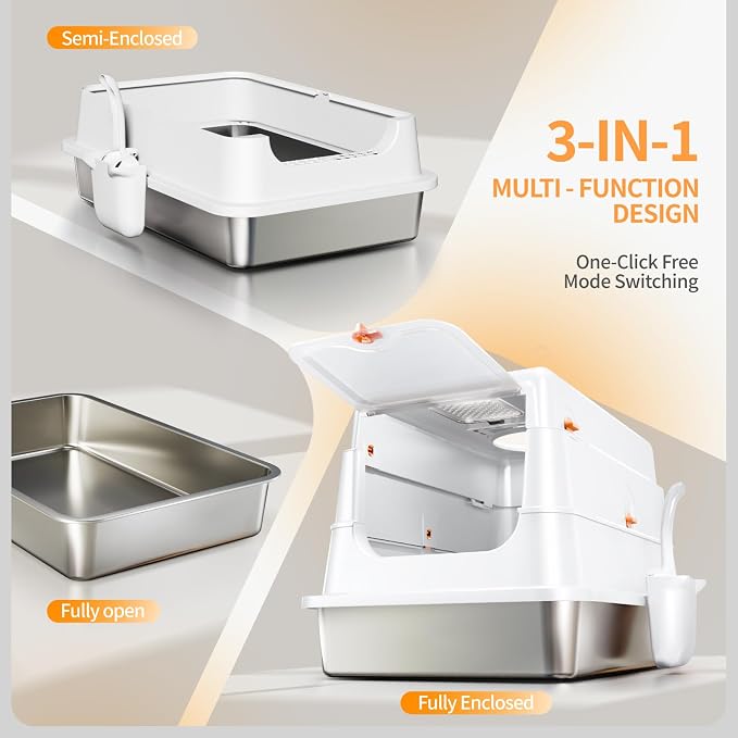 Stainless Steel Cat Litter Box with Lid, Enclosed Extra Large Metal Litter Pan for Big Cats, Full Flip Cover High Sided LitterBox Include Scoop, Easy Cleaning, Non-Stick, White