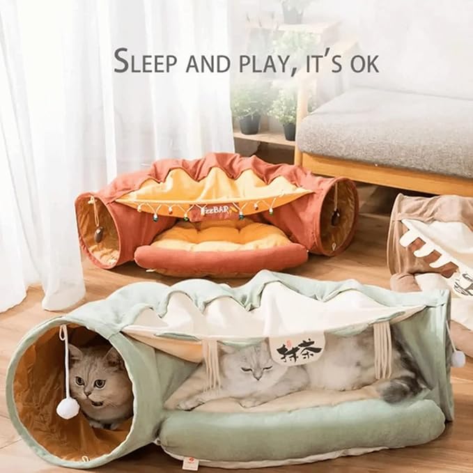 LEFTSTARER 2-in-1 Collapsible Cat Tunnel for Indoor Bed and Hideout - Pet Dog Rabbit Bunny Ferret Tunnel Tubes Toys with Removable Washable Mat, Tower Wheel Stuff