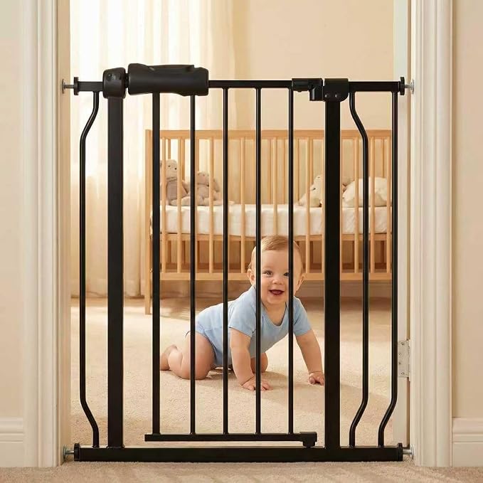 24-29 Inch Narrow Baby Gate, Small Pressure Mounted No Drilling Dog Gate for Stairs & Doorways, Black Metal Safety Gate Indoor for Kids and Pets
