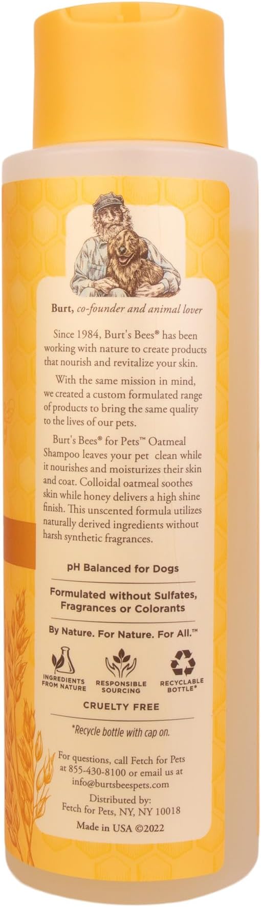 Burt's Bees for Pets Oatmeal Dog Shampoo with Honey, Soothing Formula for Itchy and Sensitive Dog Skin, Colloidal Oat Flour and Honey, pH Balanced, Sulfate-Free, 16 Fl Oz