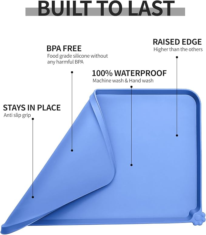 Reopet Silicone Pet Feeding Mat - Waterproof & Non-Slip Dog Cat Placemat | High Raised Edges Prevent Food & Water Spills to Protect Floors, Easy to Clean, Fit for Dog Cat Bowls