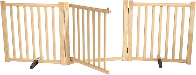YOCAN Non-Painted Wooden Freestanding Dog Gates with Door for The House,Doorways, Stairs,Wood Dog Fences Indoor Pet Gate,Step Over Fence-3 Panel H:23"
