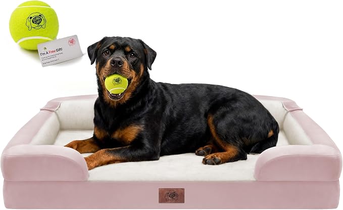 Orthopedic Memory Foam Dog Bed, 45 x 35, Waterproof for Large Dogs | Removable, washable cover • Waterproof memory foam liner • Bolstered couch design for joint relief • Includes tennis ball toy