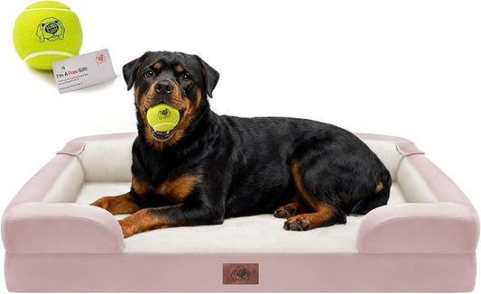 Orthopedic Memory Foam Dog Bed, 45 x 35, Waterproof for Large Dogs | Removable, washable cover • Waterproof memory foam liner • Bolstered couch design for joint relief • Includes tennis ball toy