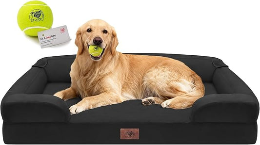Orthopedic Memory Foam Dog Bed, 42x30, Waterproof for Large Dogs | Removable, washable cover • Waterproof memory foam liner • Bolstered couch design for joint relief • Includes tennis ball toy