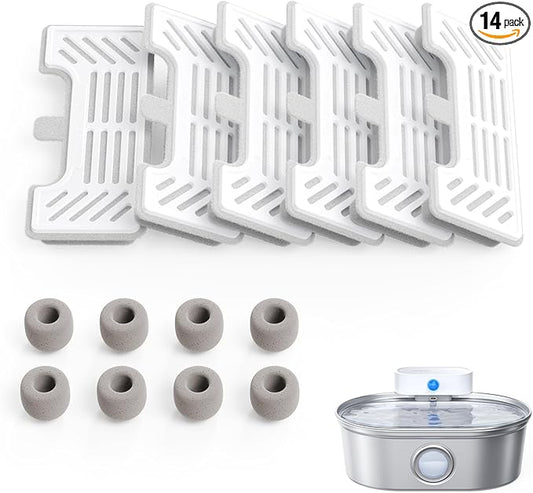 uahpet 6 Pack Replacement Filters & 8 Pack Replacement Filter Sponges for Stainless Steel Pet Fountain Pro (with Water Level Window Version), Water Fountain is not Included
