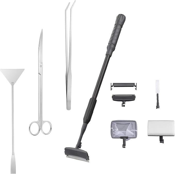 Carefree Fish 7IN1 Aquarium Cleaning Tools Long Handle Adjustable Length 18~24Inch Fish Tank Cleaner Kit Algae Scraper Scrubber Brushes Set Plant Scissor Long Tweezer