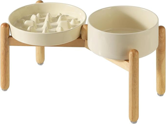 Havniva 8.2” Raised Slow Feeder Dog Bowls Set, 1.6 Cups Ceramic Slow Feeder Dog Bowl and 7.3” Dog Water Bowl with Elevated Wooden Stand Puzzle Dog Food Bowl for Medium Dogs Anti-Gulping & Anti-Choking