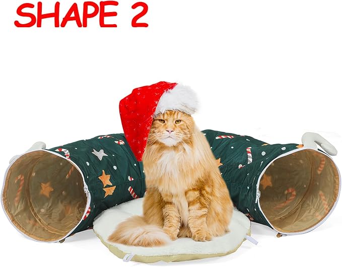 Cat Tunnel Bed in Christmas Style with Star, Crutches Candy, and Snowflakes Patterns - 3FT x 3FT x 9.8 INCH Size Green Decorative for Festive Felines